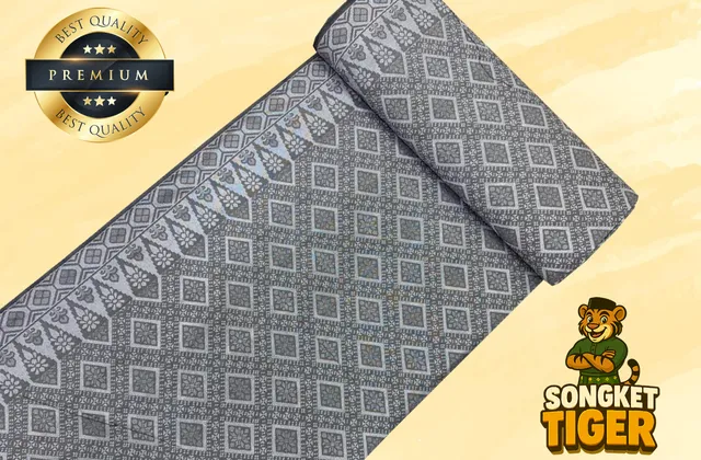 Multiple folded songket fabrics in different colours and patterns laid side by side