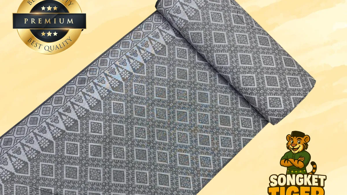 Multiple folded songket fabrics in different colours and patterns laid side by side