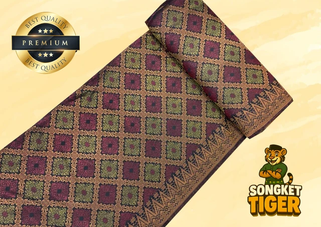 Songket Tenun Penuh premium fabric design 5 by SongketTiger, rolled to show its full diamond-motif weave.