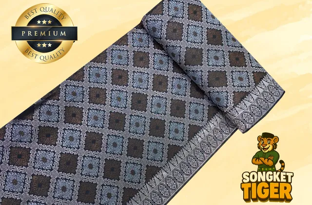 Songket fabric with elaborate gold thread pattern in traditional layout