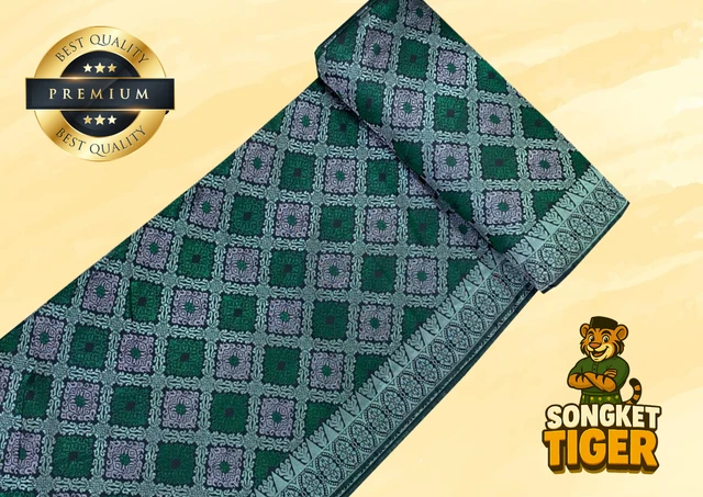 Songket Tenun Penuh premium fabric design 1 by SongketTiger, rolled to show its full diamond-motif weave.