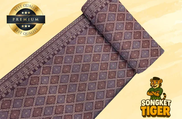 Songket fabric showing floral gold motifs scattered across a dark background