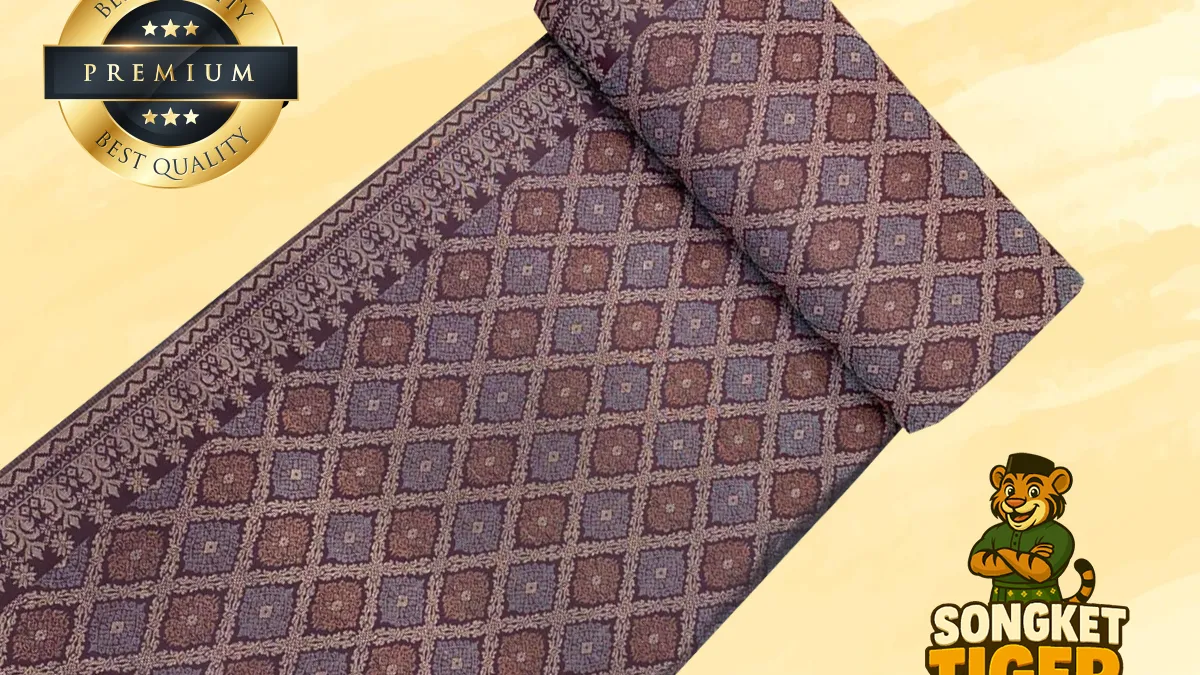 Songket fabric showing floral gold motifs scattered across a dark background