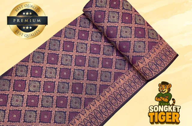 Songket fabric draped to show its full gold thread pattern and cultural detail